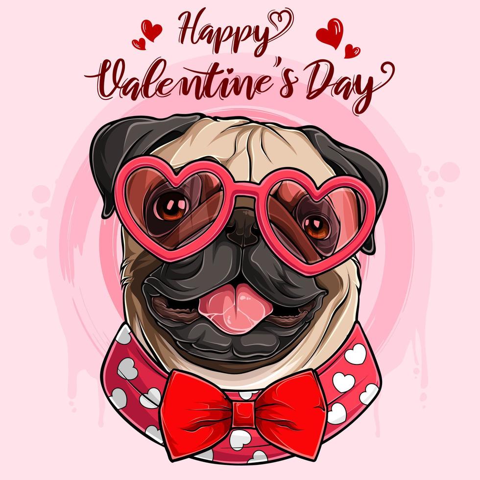 testa di cane carlino felice San Valentino con gli occhiali a forma di cuore e papillon rosso vettore