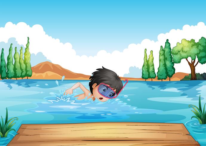 Un ragazzo che nuota nel fiume con una maschera rosa vettore
