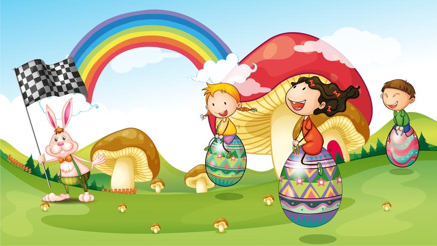 Un coniglio e bambini con le uova di Pasqua vettore