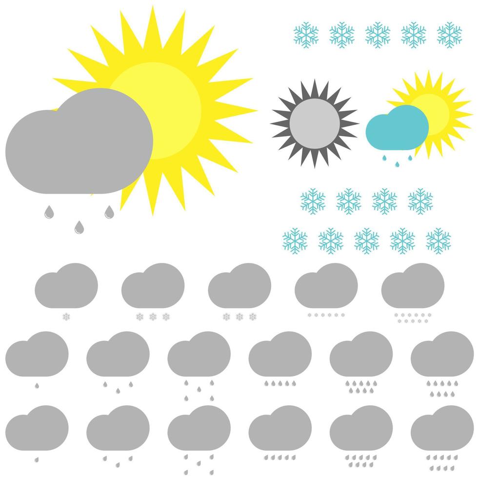 elementi climatici sole nuvole gocce e fiocchi di neve vettore