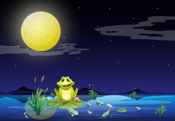 Rana e pesci nel lago sotto il luminoso fullmoon vettore