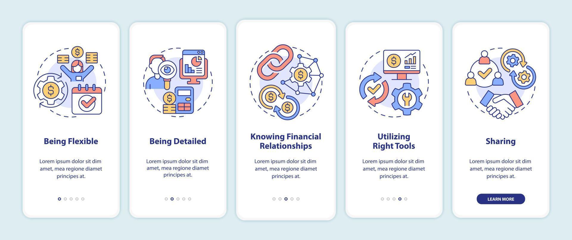 schermata dell'app mobile per l'onboarding del budget aziendale. procedura dettagliata del progetto finanziario aziendale 5 passaggi pagine di istruzioni grafiche con concetti lineari. ui, ux, modello gui. sono stati utilizzati una miriade di caratteri normali in grassetto vettore