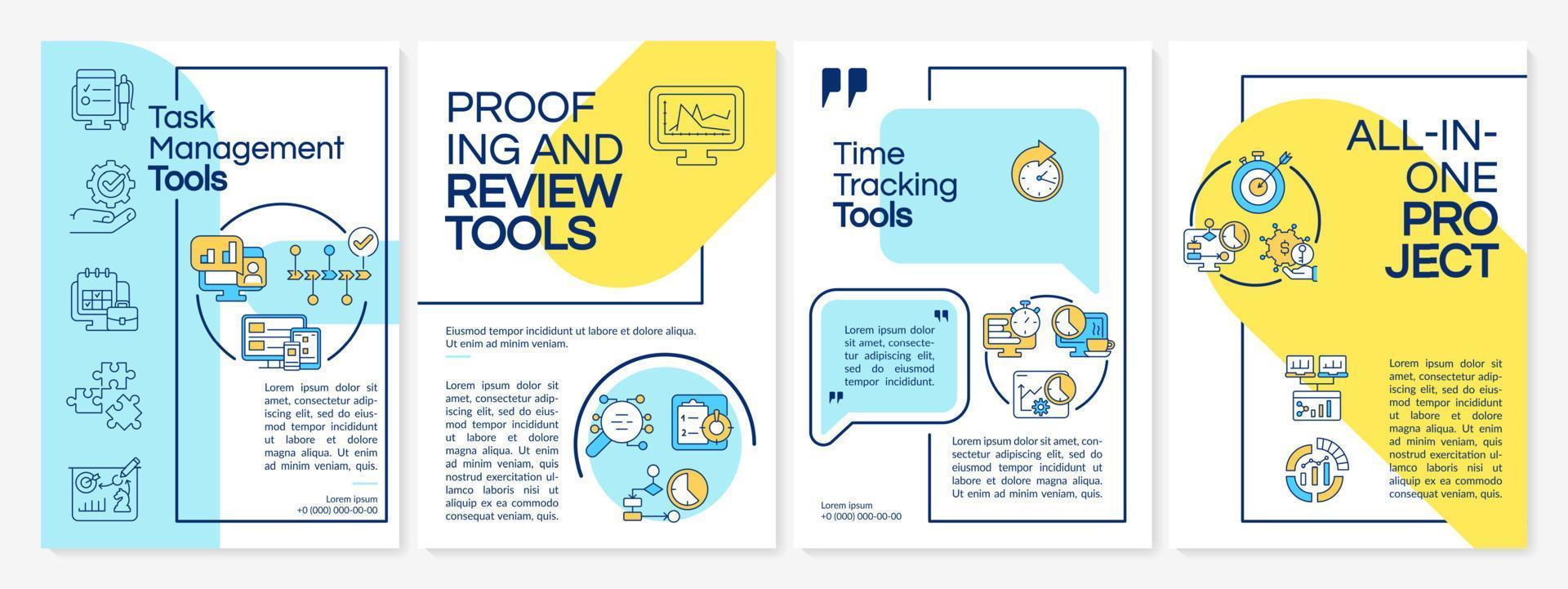 modello di brochure giallo e blu degli strumenti di tecnologia aziendale. design per la stampa di opuscoli con icone lineari. layout vettoriali per presentazioni, relazioni annuali, annunci. arial-nero, una miriade di caratteri pro-regolari utilizzati