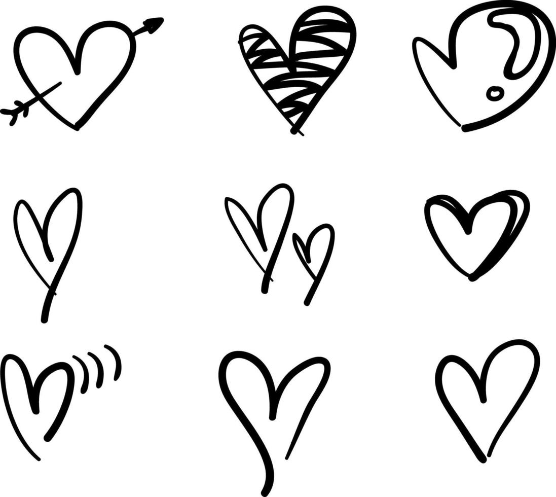 doodle insieme di cuori scarabocchi disegnati a mano isolati su sfondo bianco vettore