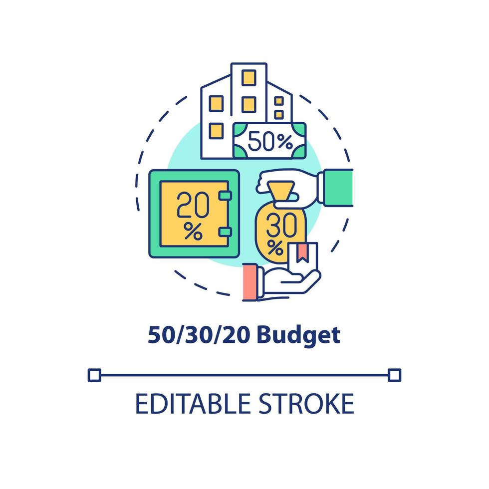icona del concetto di budget di cinquanta trenta venti regole. percentuale. illustrazione di linea sottile di idea astratta di pianificazione finanziaria. disegno di contorno isolato. tratto modificabile. roboto-medium, una miriade di caratteri pro-grassetto utilizzati vettore