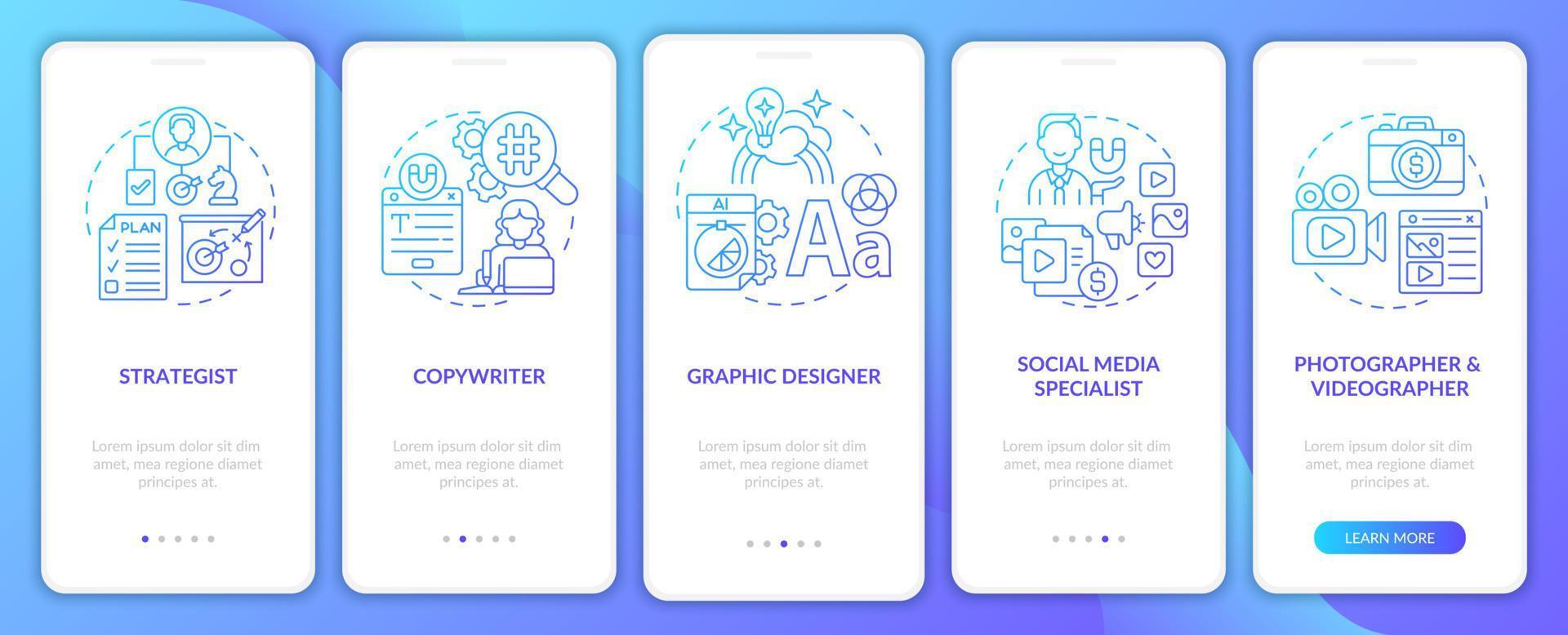 lavori di marketing digitale schermo dell'app mobile onboarding gradiente blu. guida al lavoro 5 passaggi pagine di istruzioni grafiche con concetti lineari. ui, ux, modello gui. sono stati utilizzati una miriade di caratteri normali in grassetto vettore