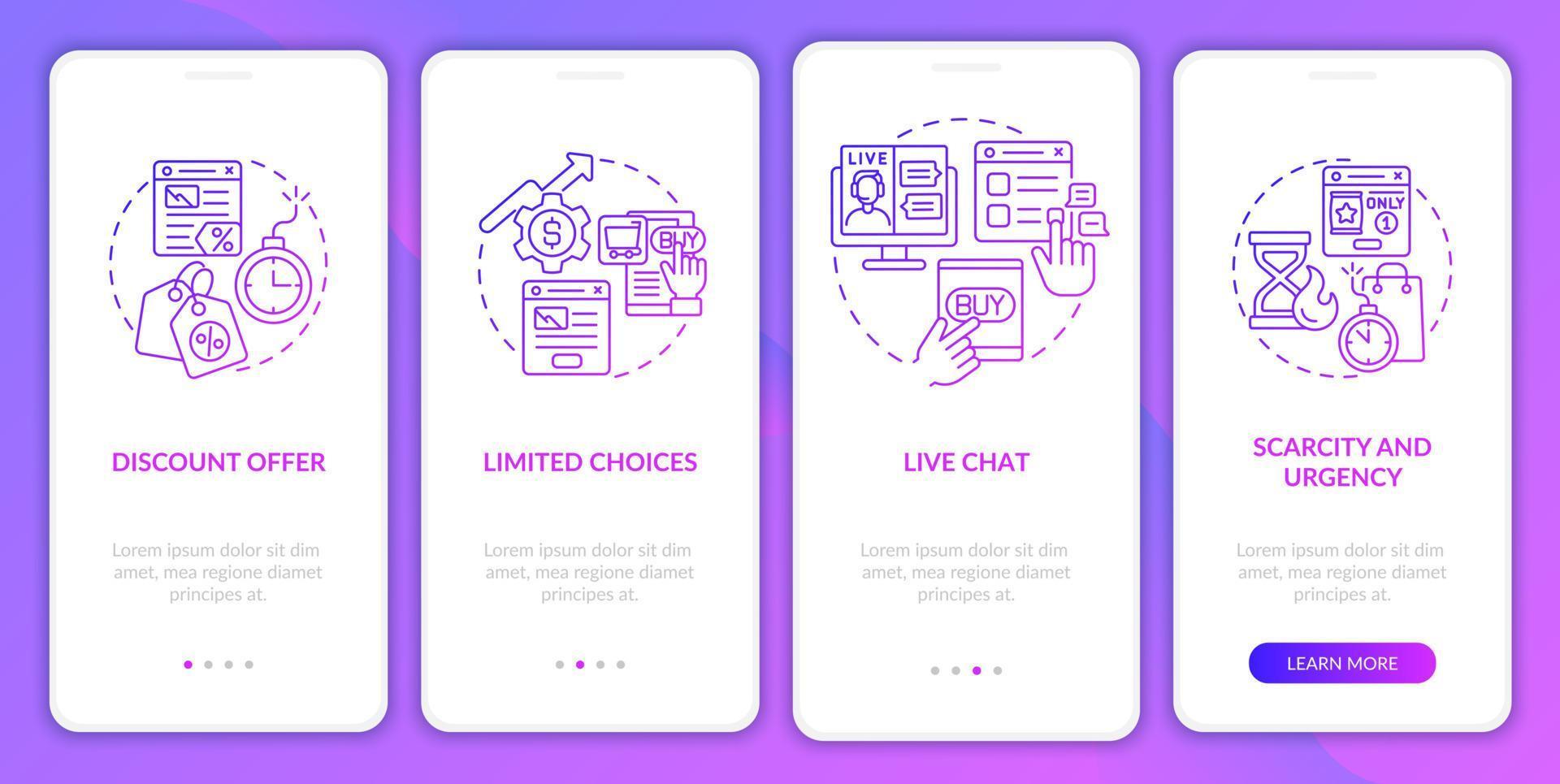 strategie della pagina di destinazione schermata dell'app mobile onboarding gradiente viola. ads walkthrough 4 passaggi istruzioni grafiche pagine con concetti lineari. ui, ux, modello gui. sono stati utilizzati una miriade di caratteri normali in grassetto vettore