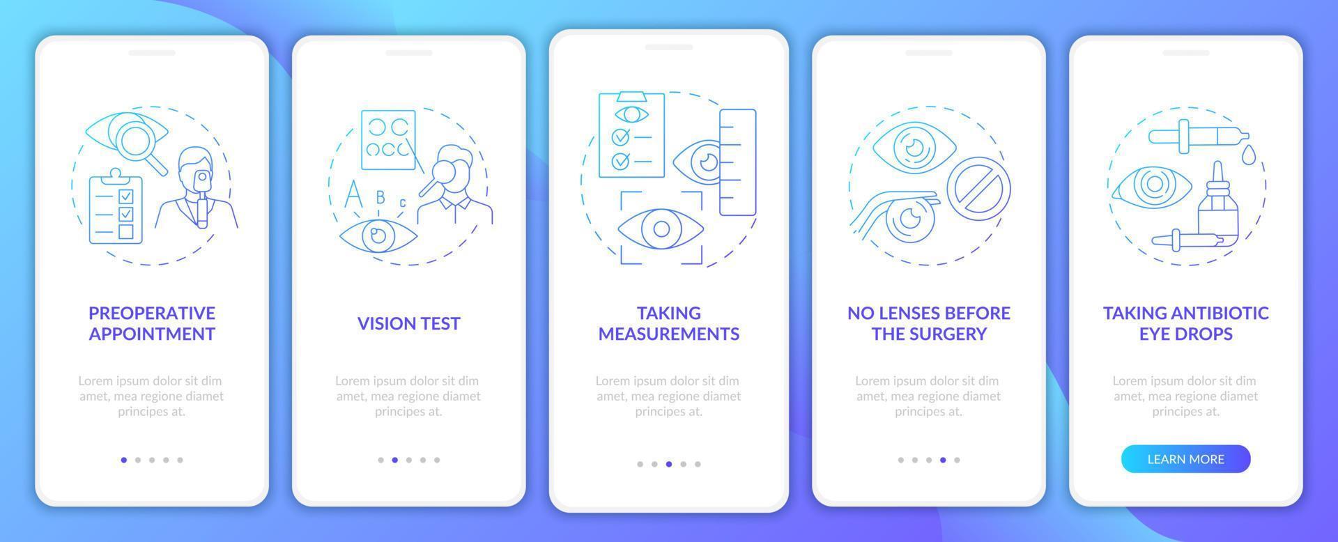 schermata della pagina dell'app mobile di onboarding blu per la preparazione della chirurgia dell'occhio laser. procedura dettagliata 5 passaggi istruzioni grafiche con concetti. modello vettoriale ui, ux, gui con illustrazioni a colori lineari