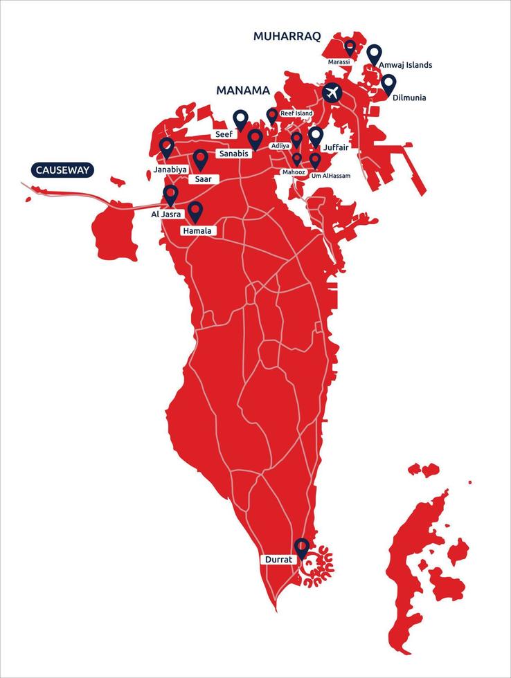 mappa dettagliata e aggiornata del bahrain con i nomi e le posizioni delle aree principali vettore