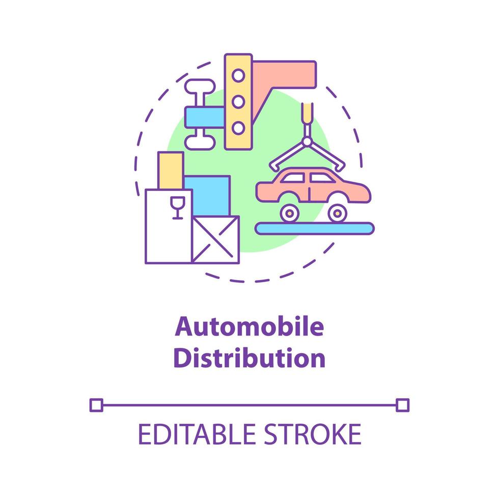 icona del concetto di distribuzione automobilistica. attività di consegna auto. servizio della società commerciale che fornisce l'illustrazione della linea sottile dell'idea astratta. disegno a colori di contorno isolato vettoriale. tratto modificabile vettore