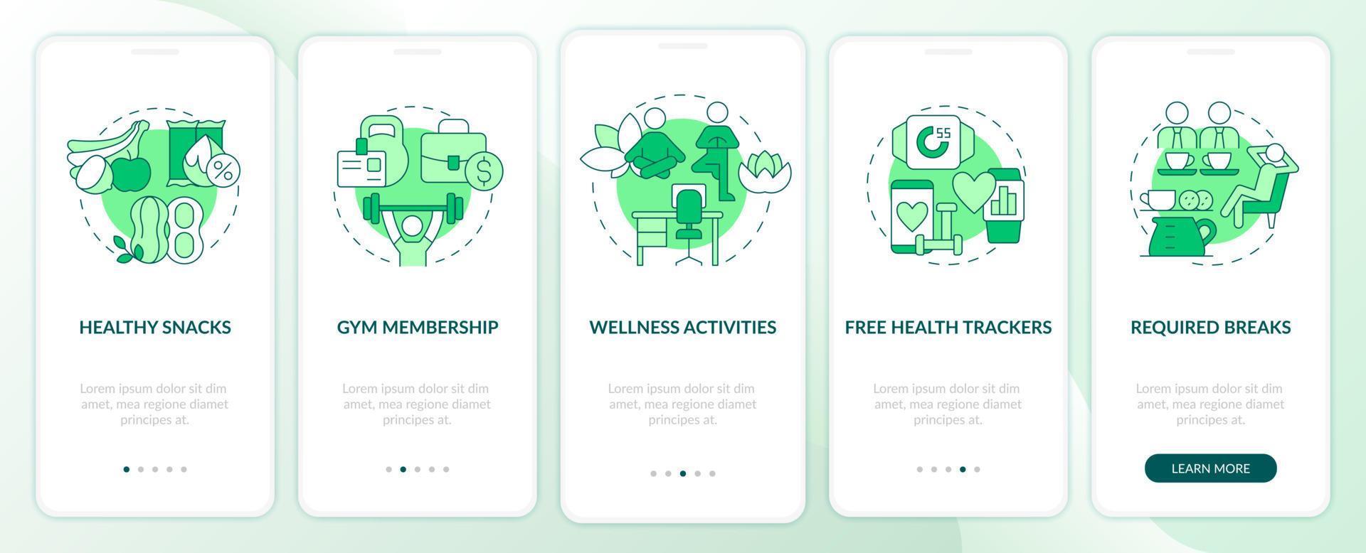 vantaggi per la salute e il benessere durante l'onboarding della schermata della pagina dell'app mobile. pause richieste procedura dettagliata 5 passaggi istruzioni grafiche con concetti lineari. ui, ux, modello gui. sono stati utilizzati una miriade di caratteri normali in grassetto vettore
