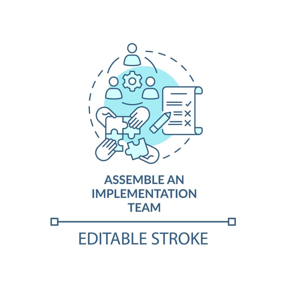 costruire un'icona del concetto di team di implementazione. realizzazione della strategia. supporto del programma di esecuzione illustrazione al tratto sottile dell'idea astratta. disegno a colori di contorno isolato vettoriale. tratto modificabile vettore