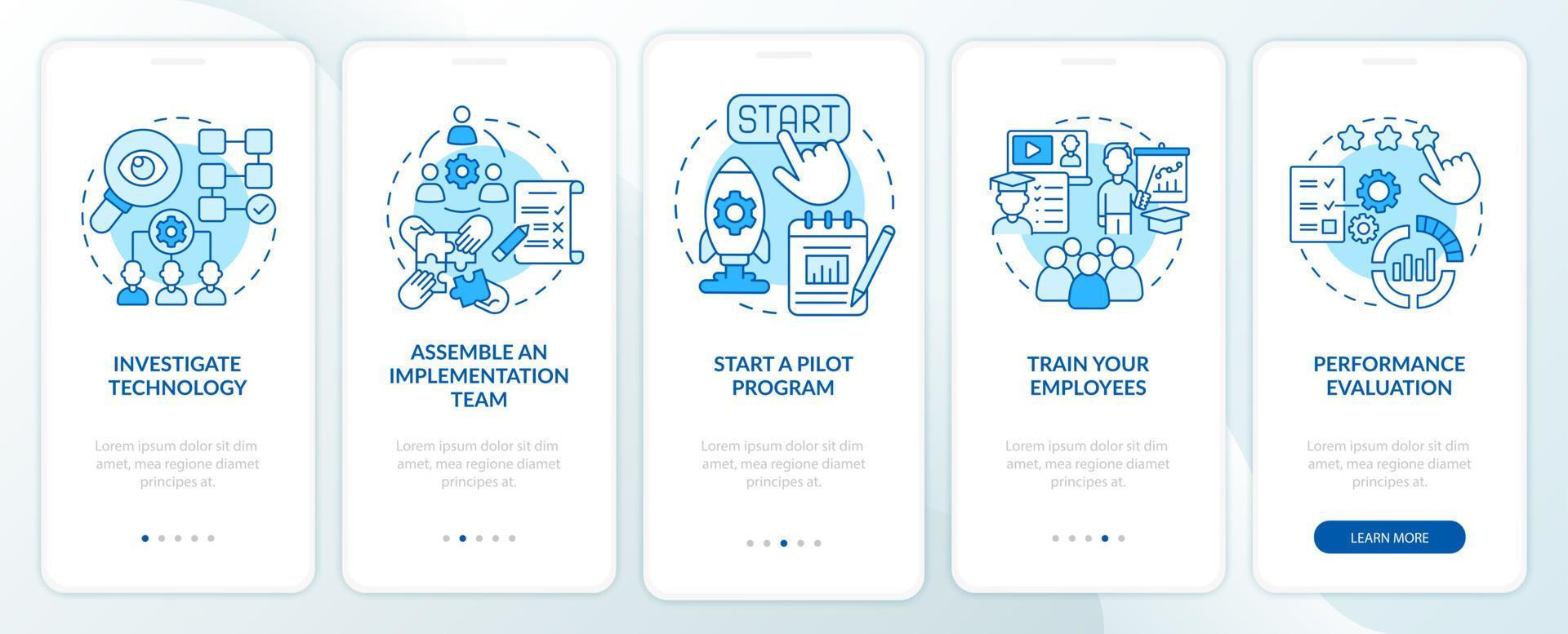 passaggi di integrazione della tecnologia per l'onboarding della schermata della pagina dell'app mobile. procedura dettagliata del processo di innovazione 5 passaggi istruzioni grafiche con concetti. modello vettoriale ui, ux, gui con illustrazioni a colori lineari