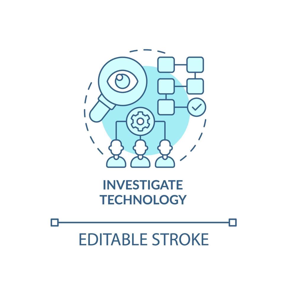 implementare l'icona del concetto di tecnologia. indagine sui problemi. soluzione innovativa esecuzione idea astratta linea sottile illustrazione. disegno a colori di contorno isolato vettoriale. tratto modificabile vettore