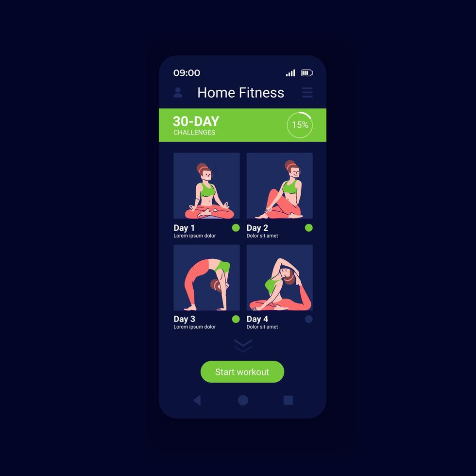 modello vettoriale dell'interfaccia dello smartphone dell'app per le attività sportive domestiche. layout di progettazione della pagina dell'app mobile. piano di fitness per un mese. schermata del programma della routine di yoga. interfaccia utente piatta per l'applicazione. display del telefono