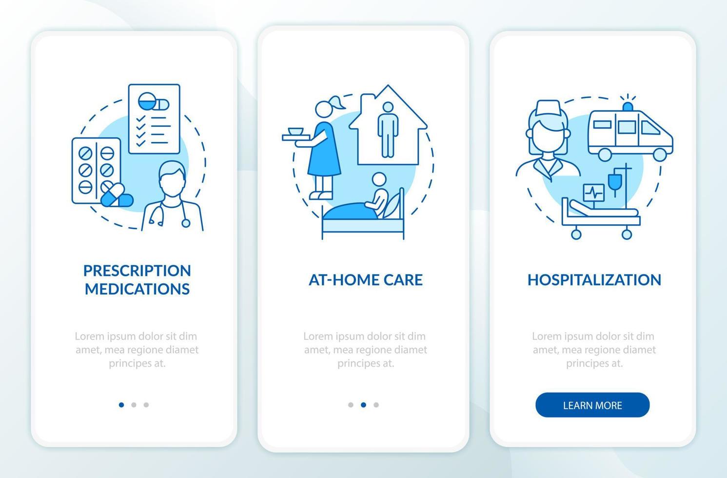 schermata della pagina dell'app mobile di onboarding per la cura della polmonite. a casa e in ospedale procedura dettagliata 3 passaggi istruzioni grafiche con concetti. modello vettoriale ui, ux, gui con illustrazioni a colori lineari