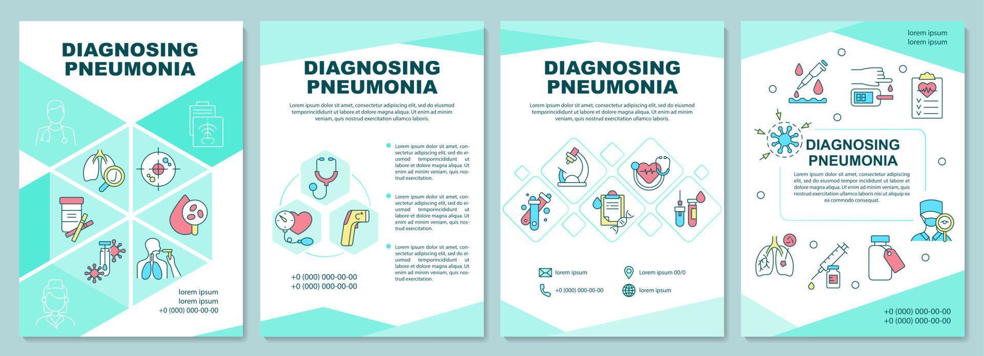 modello di brochure per la diagnosi di polmonite. procedure diagnostiche. volantino, opuscolo, stampa depliant, copertina con icone lineari. layout vettoriali per presentazioni, relazioni annuali, pagine pubblicitarie