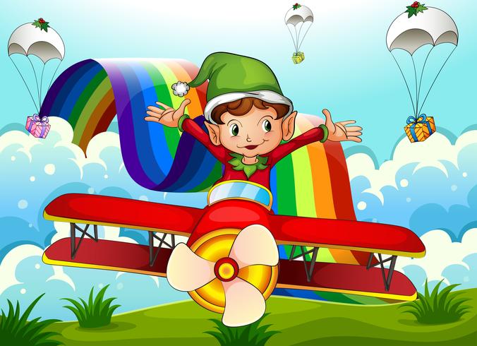 Un aereo con un elfo e un arcobaleno nel cielo con i paracadute vettore