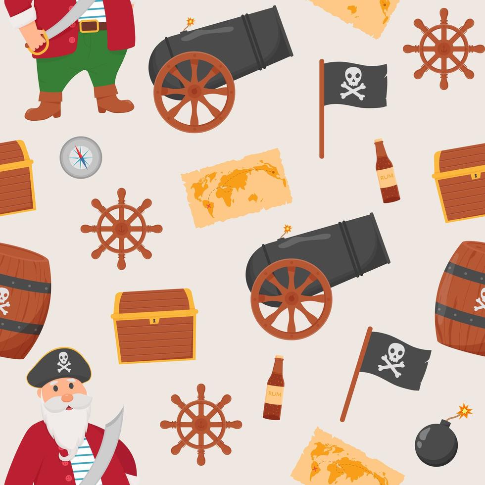 bundle pirata senza cuciture. bundle pirata, mappa del tesoro, rum, ruota della nave, ancora, barile, bomba vettore