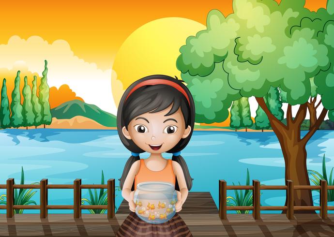 Una ragazza al ponte in possesso di un acquario vettore