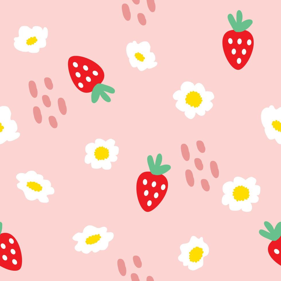 disegno del modello di cartoni animati di fragole. sfondo rosa dolce. il motivo vibrante carino senza cuciture in una moda per bambina o bambino, frutta fragola colorata fresca e succosa in estate. disegno vettoriale per la moda.