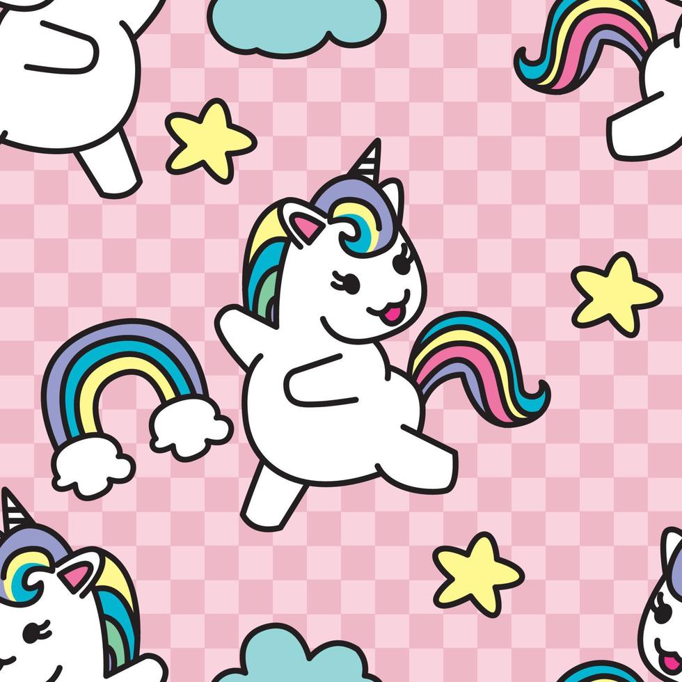 unicorno, stella carino stile vettore senza cuciture pattern.rainbow cartone animato su sfondo rosa. ragazza o bambino elementi colorati decorativi carino. grafica dell'illustrazione disegnata a mano per stampa, carta da parati, tessile.