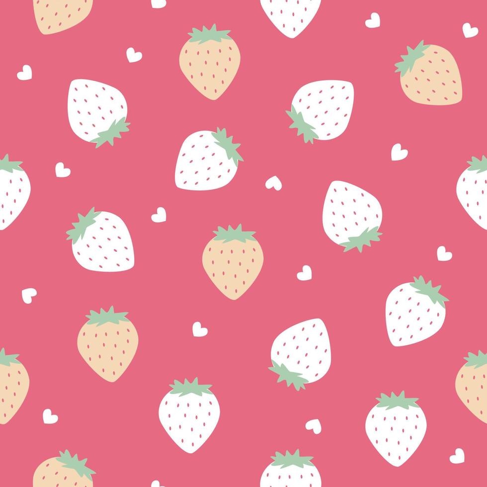 disegno del modello di cartoni animati di fragole. sfondo rosa. il modello carino senza cuciture in una moda per bambina o bambino, frutta fragola colorata fresca e succosa in estate. disegno vettoriale per la moda.