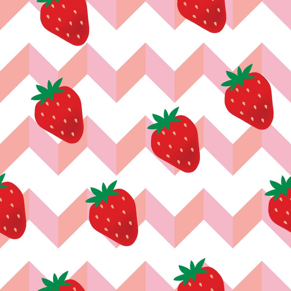 modello senza cuciture di vettore di fragola. bacca rossa su sfondo rosa chevron. elementi minimi decorativi carino. grafica dolce dell'illustrazione disegnata a mano per stampa, carta da parati, tessile, confezionamento.