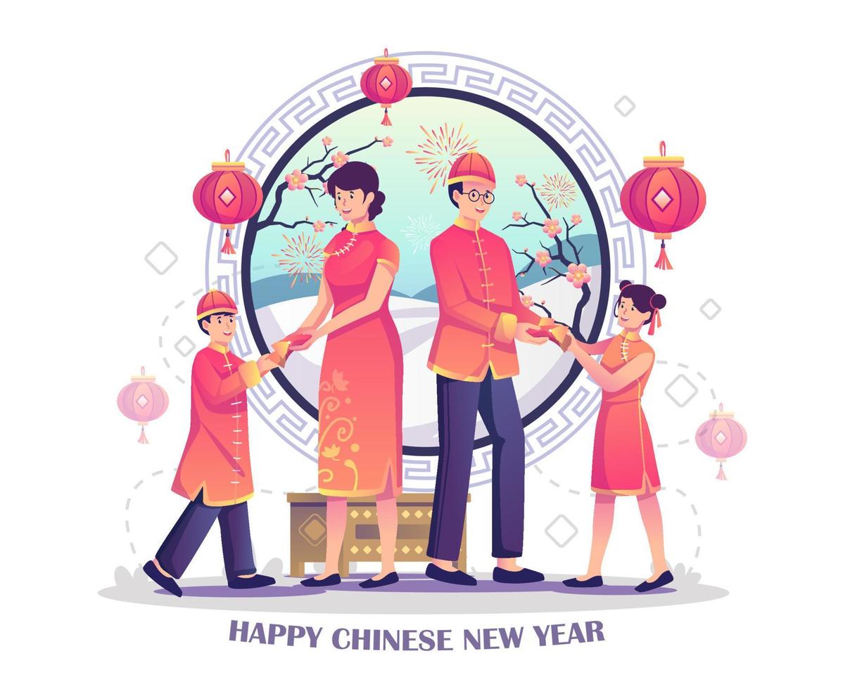 felice anno nuovo cinese concetto con i genitori che danno buste rosse di soldi fortunati ai loro figli davanti alla finestra di primavera cinese e lanterne appese. illustrazione vettoriale in stile piatto