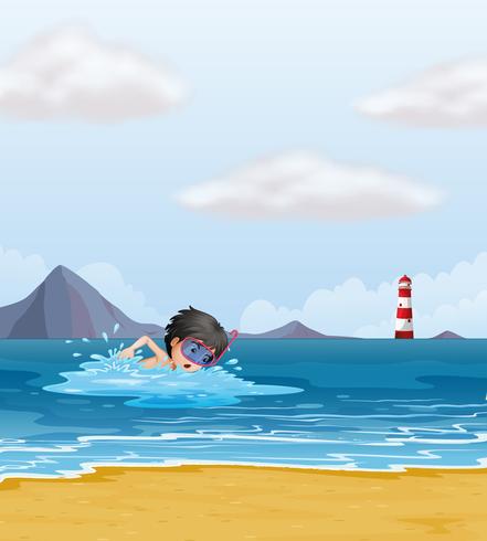 Un ragazzo che nuota nel mare vicino al faro vettore