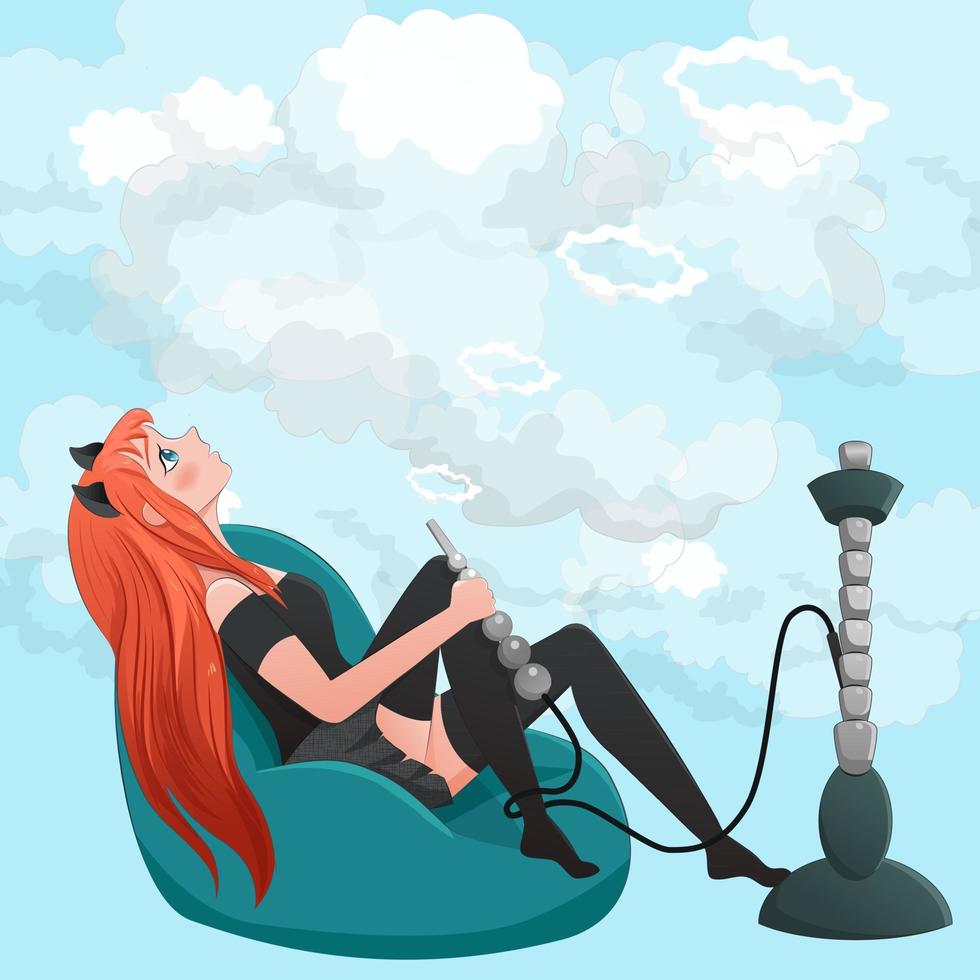 donna rossa sdraiata su una poltrona a sacco in nuvole di fumo. ragazza anime che fuma narghilè. vettore