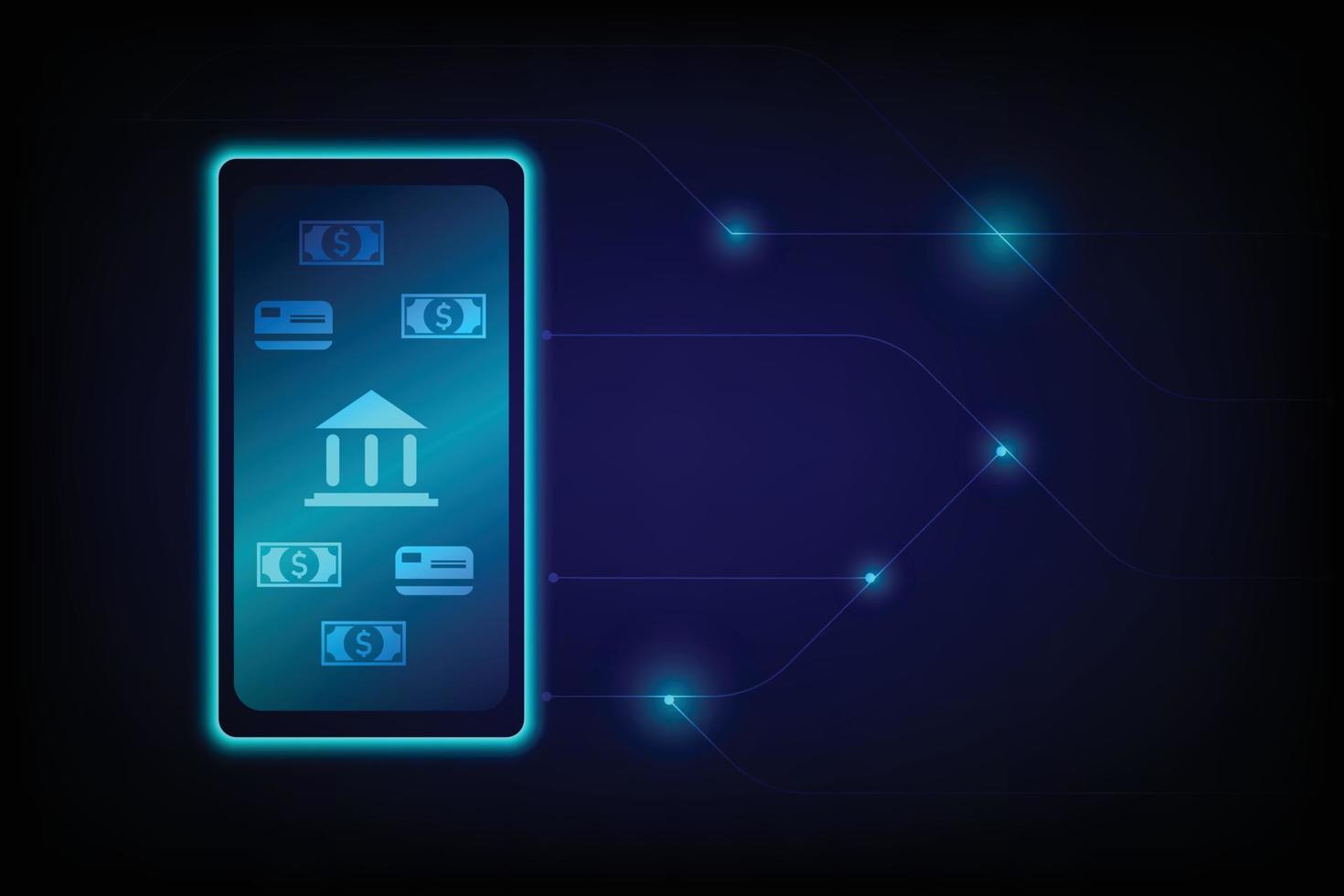 Internet banking e concetto finanziario. telefono cellulare con una carta di credito e l'icona della banconota su sfondo blu scuro. pagamento mobile. acquisti online. vettore