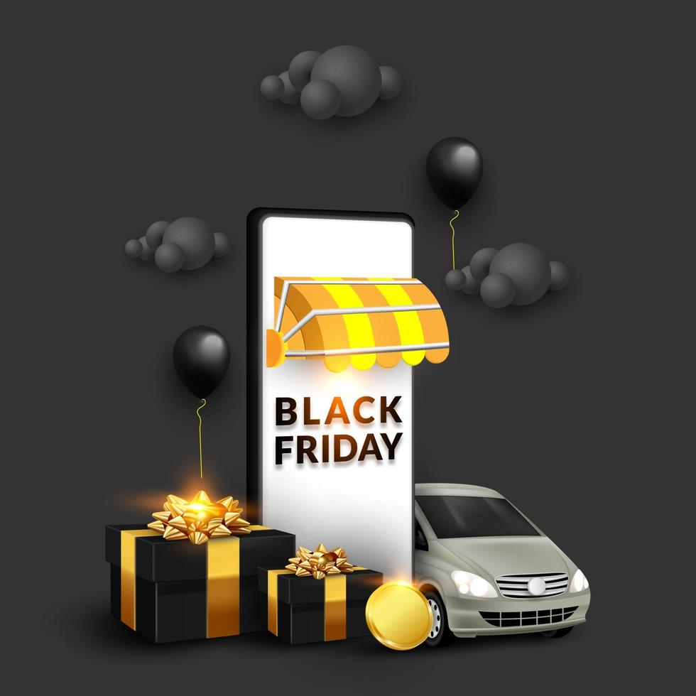 illustrazione del banner del venerdì nero, con smartphone, confezione regalo e auto, per il marketing digitale vettore
