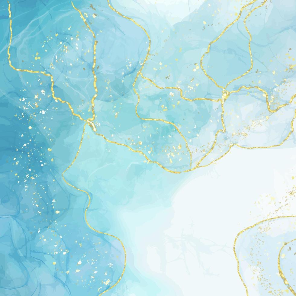 sfondo acquerello liquido blu astratto con cracker dorati. effetto disegno a inchiostro in marmo pastello. geode turchese con kintsugi. modello di progettazione illustrazione vettoriale per invito a nozze