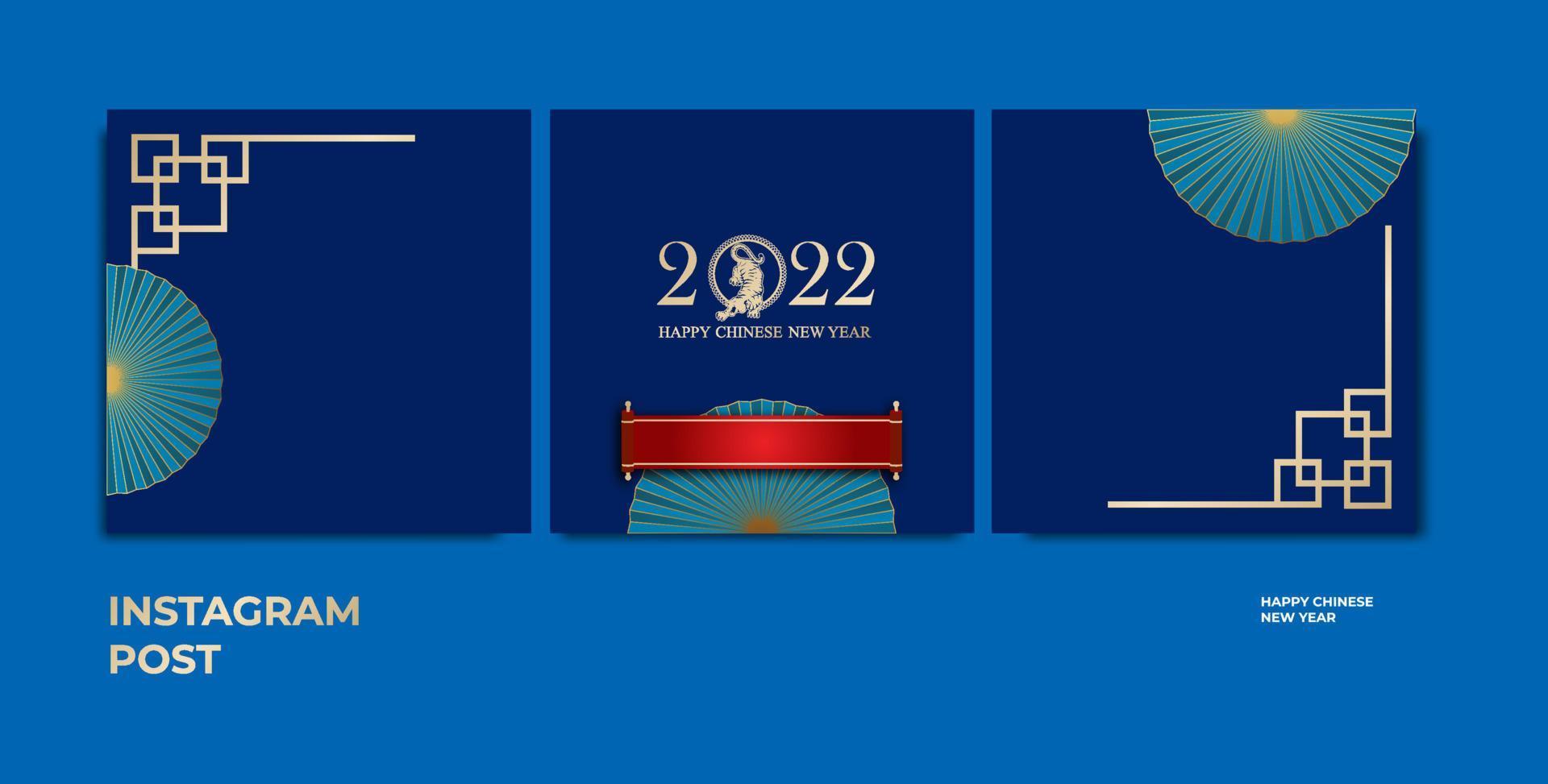 colore blu instagram post disegno vettoriale, simbolo del nuovo anno cinese con cornice ornamentale e busta rossa. vettore