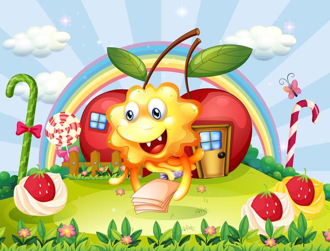Un mostro felice in cima alla collina con lecca lecca gigante e case di mele vettore