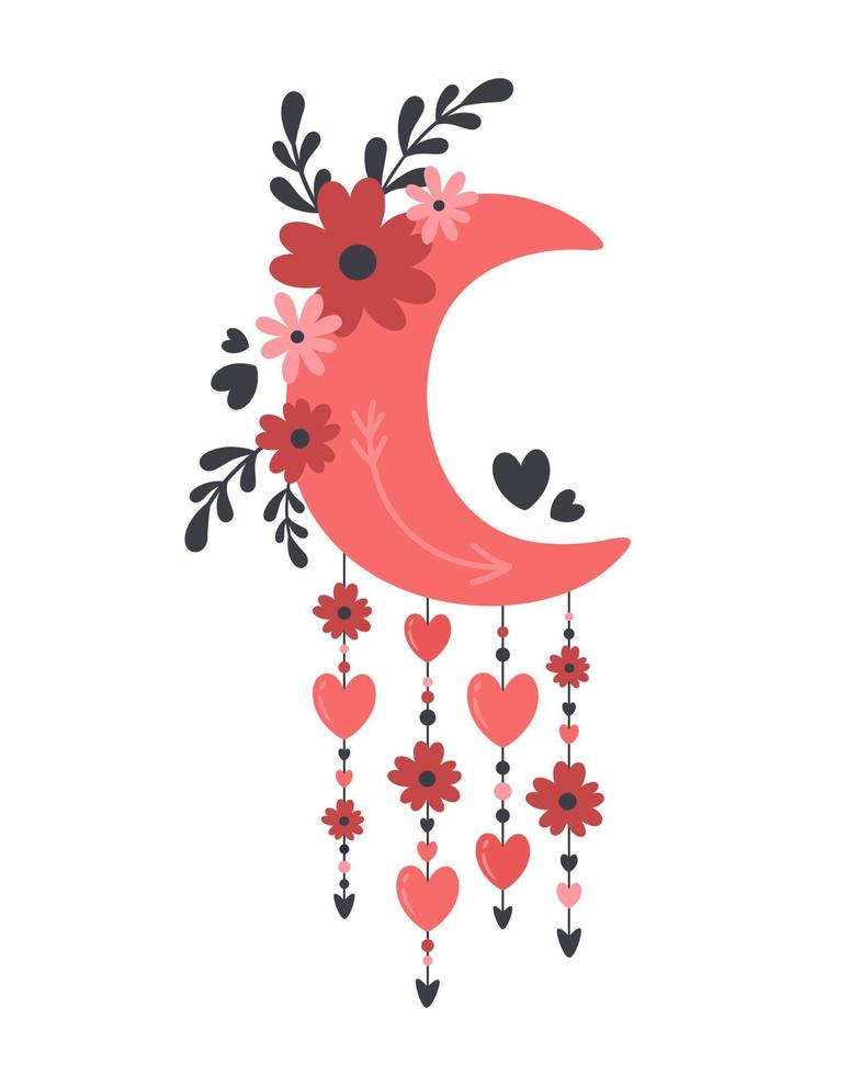luna con fiori, cuori, rami, foglie in stile boho. san valentino, amore, romantico vettore