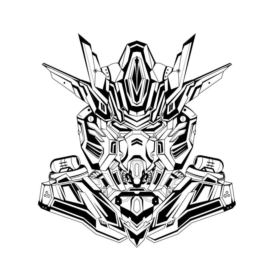 illustrazione della maglietta della testa di gundam del costume. logo della testa del mecha. tatuaggi disegnati a mano vettore