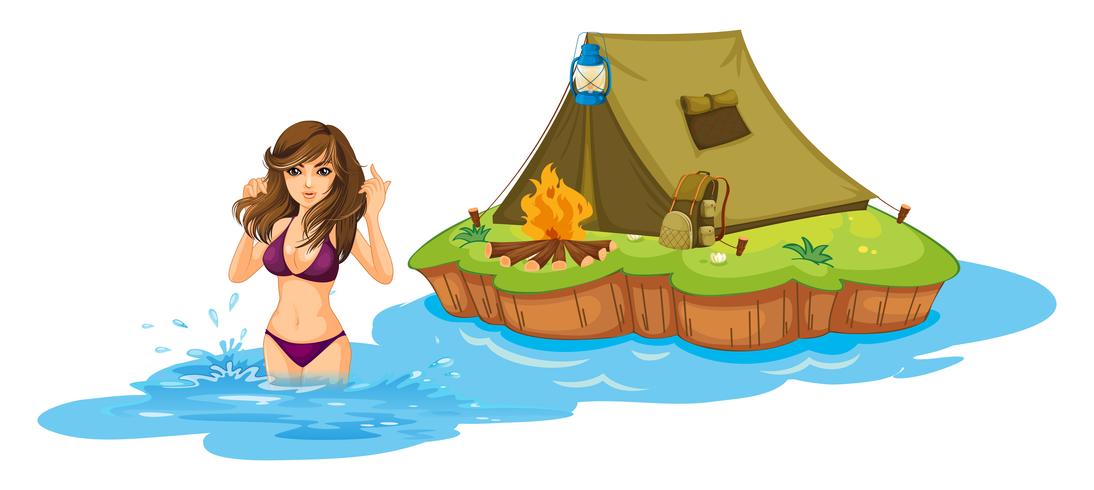 Una ragazza sexy che nuota vicino all&#39;isola con una tenda da campeggio vettore