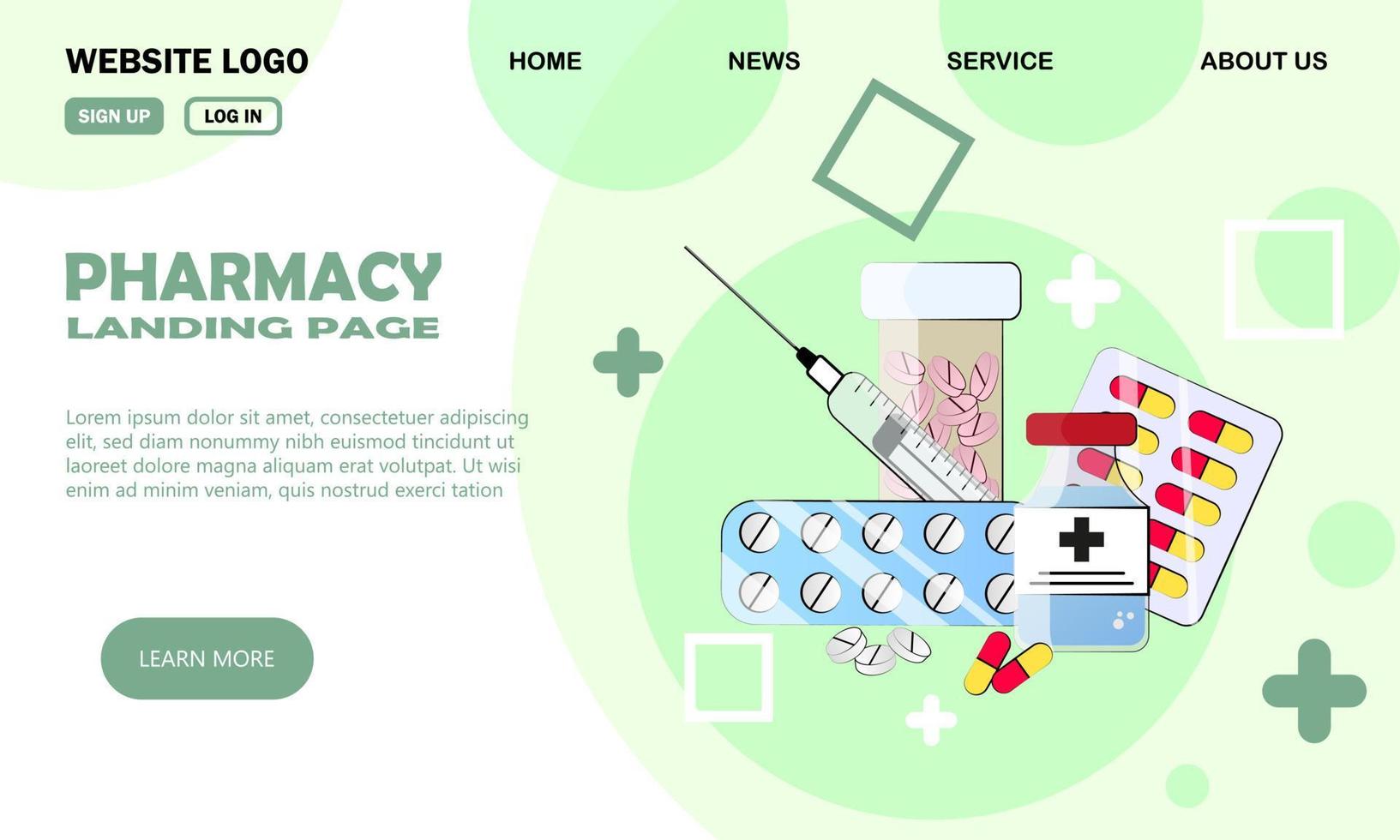 pagina di destinazione del negozio di farmacia con immagine di farmaci in stile doodle vettore