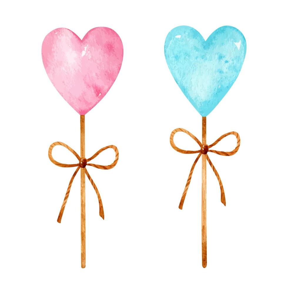 set acquerello con lecca lecca a forma di cuore rosa e blu con fiocchi. illustrazione disegnata a mano isolata su sfondo bianco. perfetto per il tuo progetto, carte, decorazioni, menu, copertine. vettore