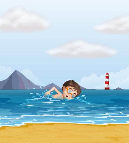 Un bambino che nuota in spiaggia con un faro vettore