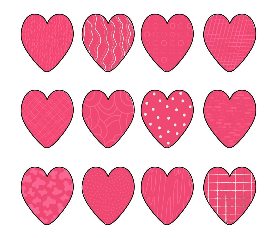 set di scarabocchi di cuori di San Valentino. 12 cuori di tendenza coloranti. effetto vettoriale disegnato a mano
