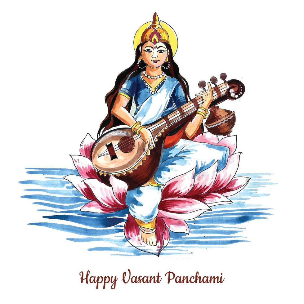 dio indiano saraswati maa sullo sfondo del festival religioso vasant panchami vettore