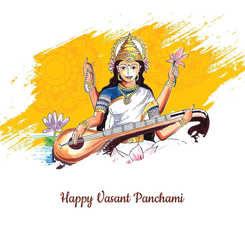vasant panchami sullo sfondo della carta di celebrazione del dio indiano saraswati maa vettore