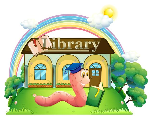 Un verme che indossa un berretto da laurea che legge davanti alla biblioteca vettore