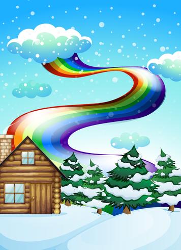 Una casa di legno vicino agli alberi di pino con un arcobaleno sostenuto vettore