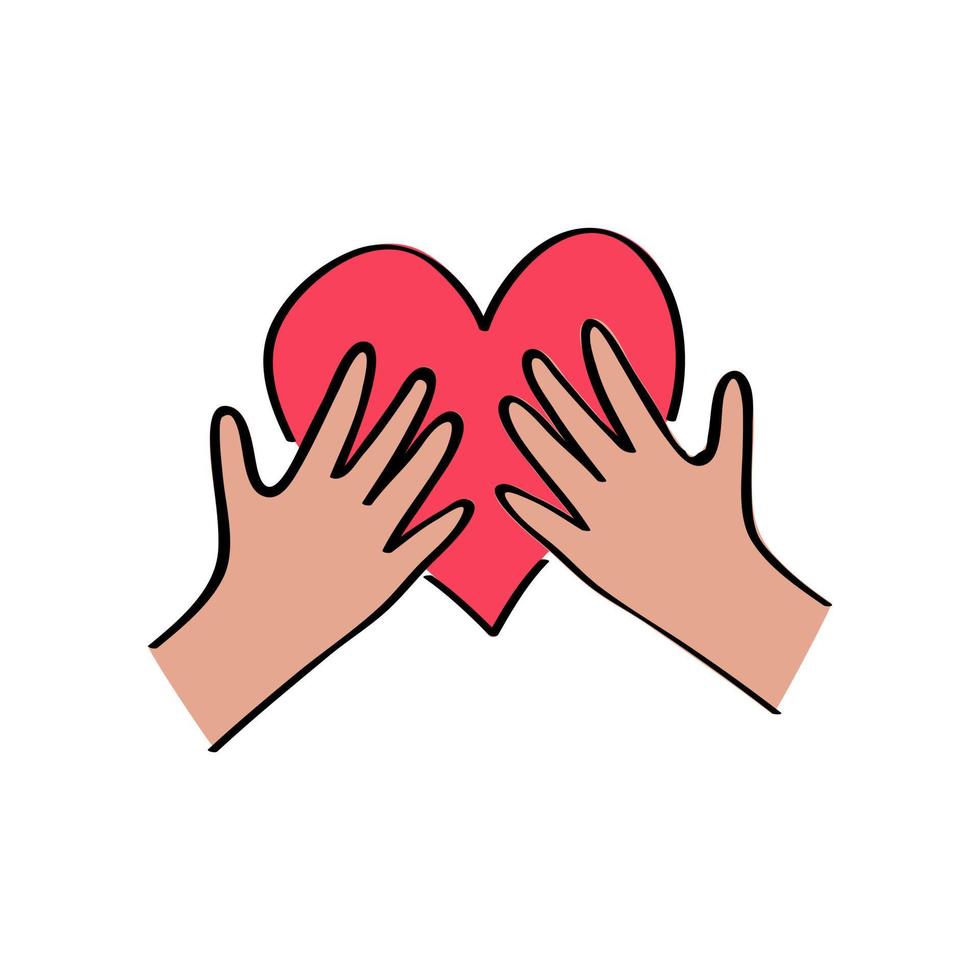 mani dei bambini che tengono il cuore. donazione di beneficenza, concetto di assistenza sociale. logo del volontario. contorno con illustrazione a colori in stile disegnato a mano isolato su bianco vettore