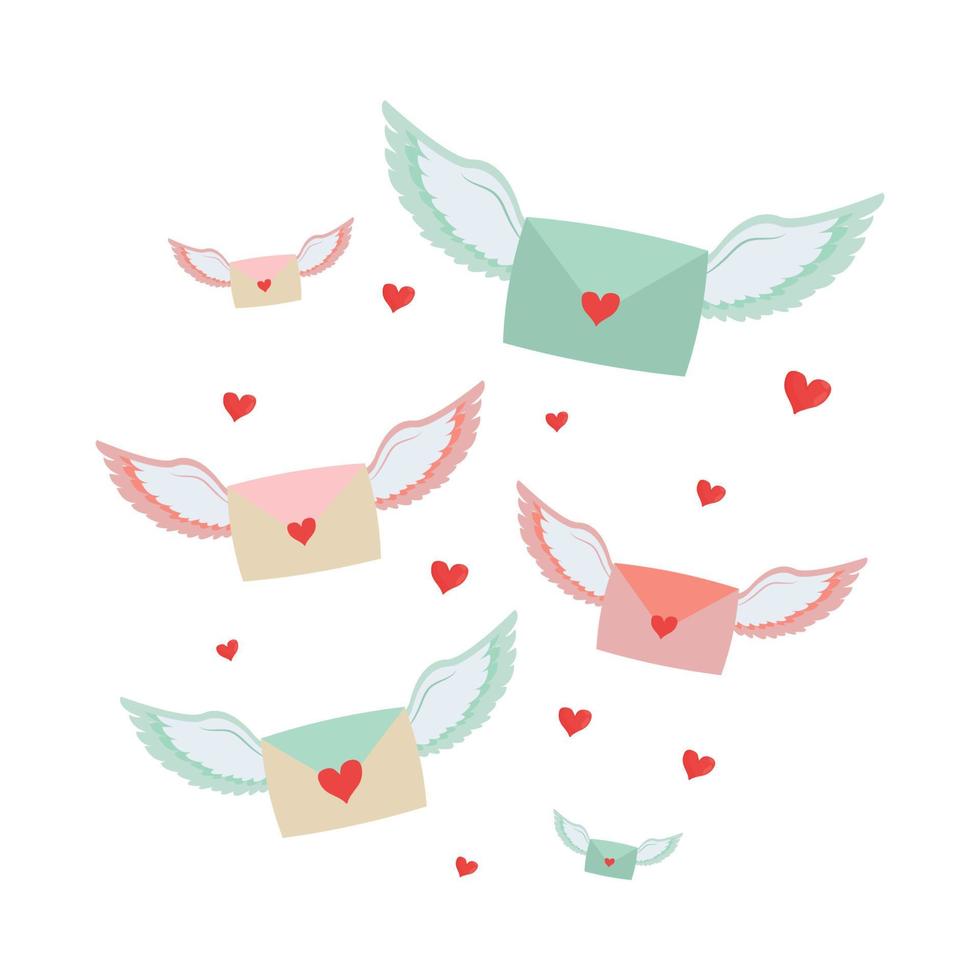 lettere d'amore romantiche carine con ali e cuori isolati su sfondo bianco. decorazione, elemento di design, clipart per la festa di San Valentino, vacanza romantica. illustrazione vettoriale