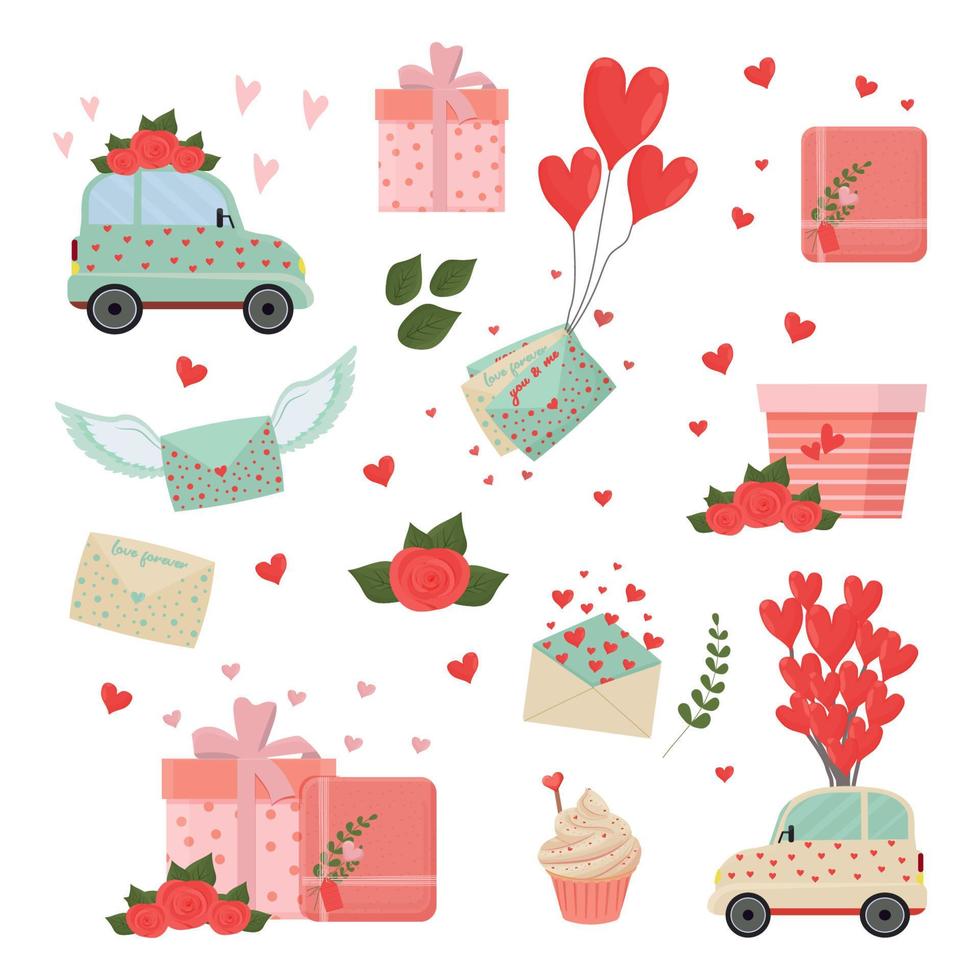 San Valentino, appuntamento romantico o amore ambientato in uno stile piatto. lettere con cuori, rose, regali carini, auto, cupcake isolati su sfondo bianco. collezione di elementi di design per biglietti di auguri vettore